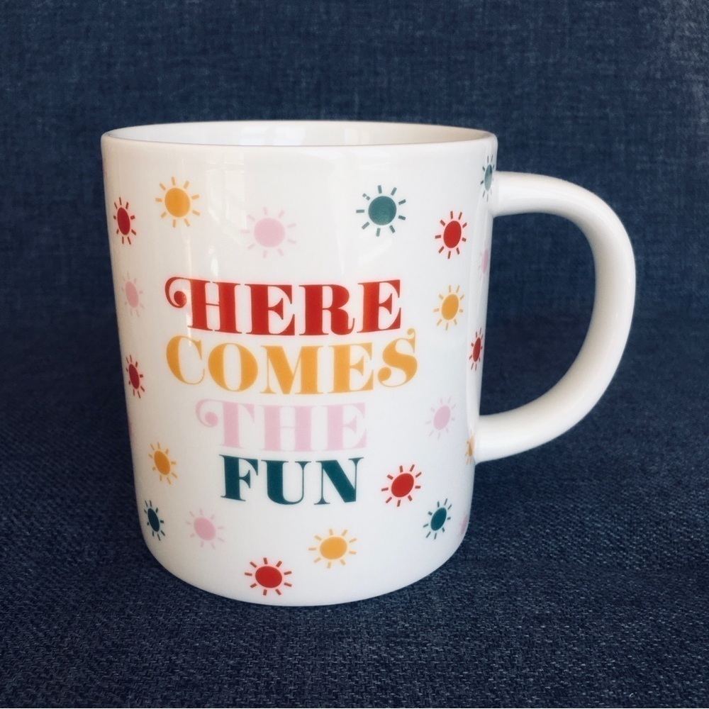“HERE COMES THE FUN” Colorful Coffee Mug, White, Multi Colored, 15 oz